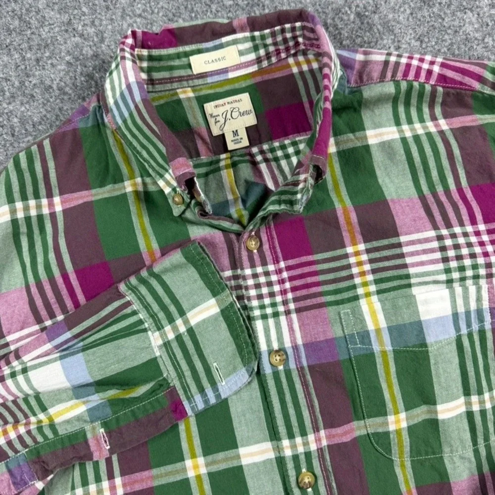 J. Crew Indian Madras Shirt Mens Medium Green Plaid Classic Fit Button Down
